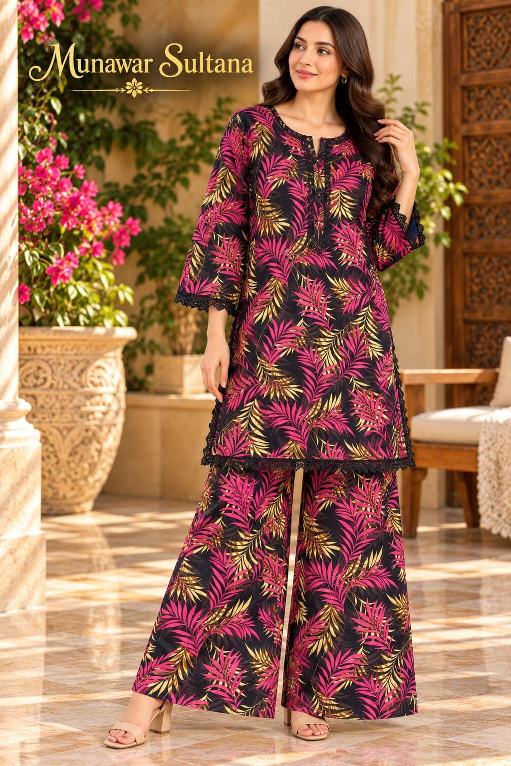 Black palm Banadora lawn co-ord worn in a courtyard