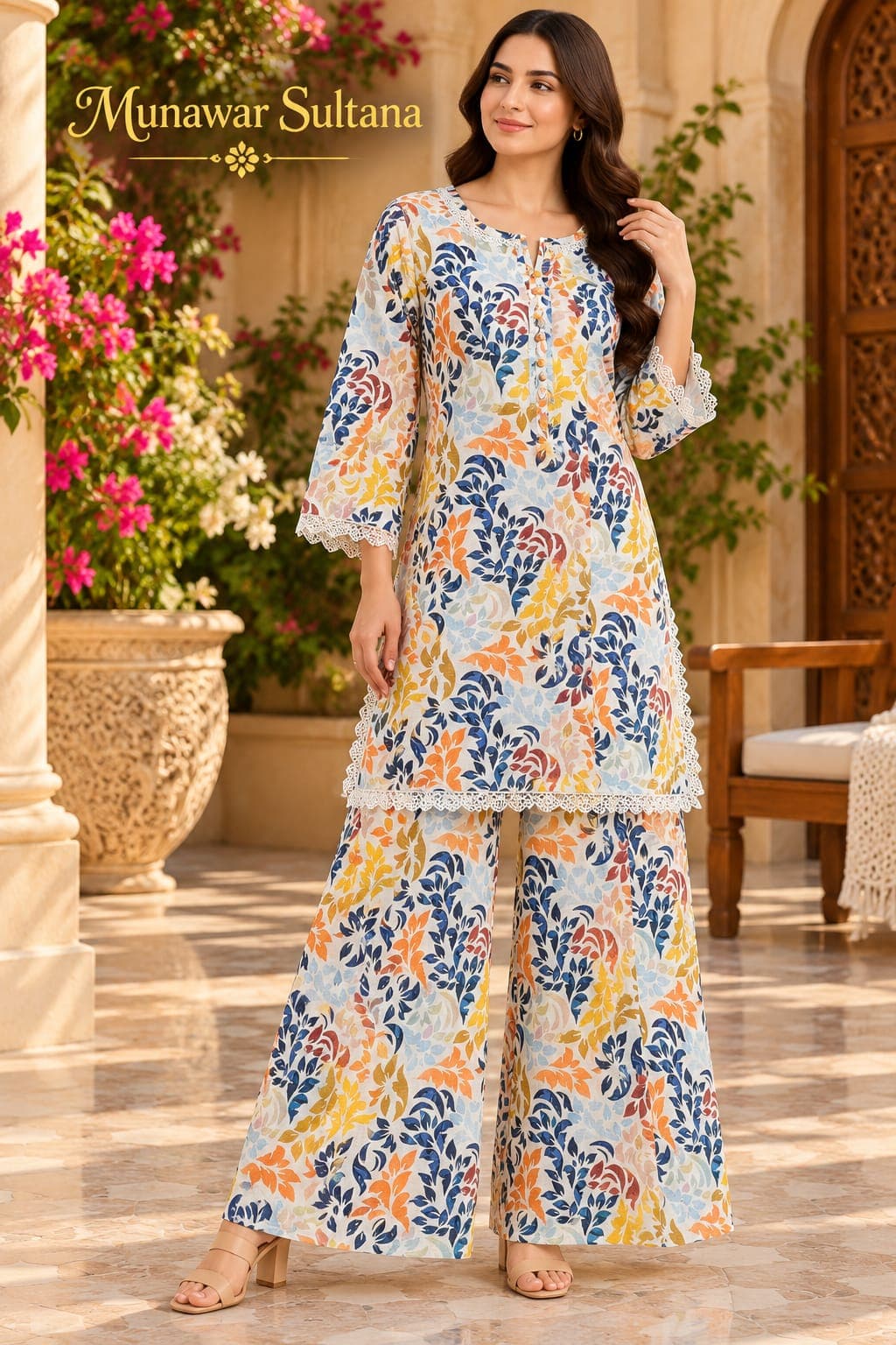 Ice-blue leaf Banadora lawn co-ord worn in a courtyard
