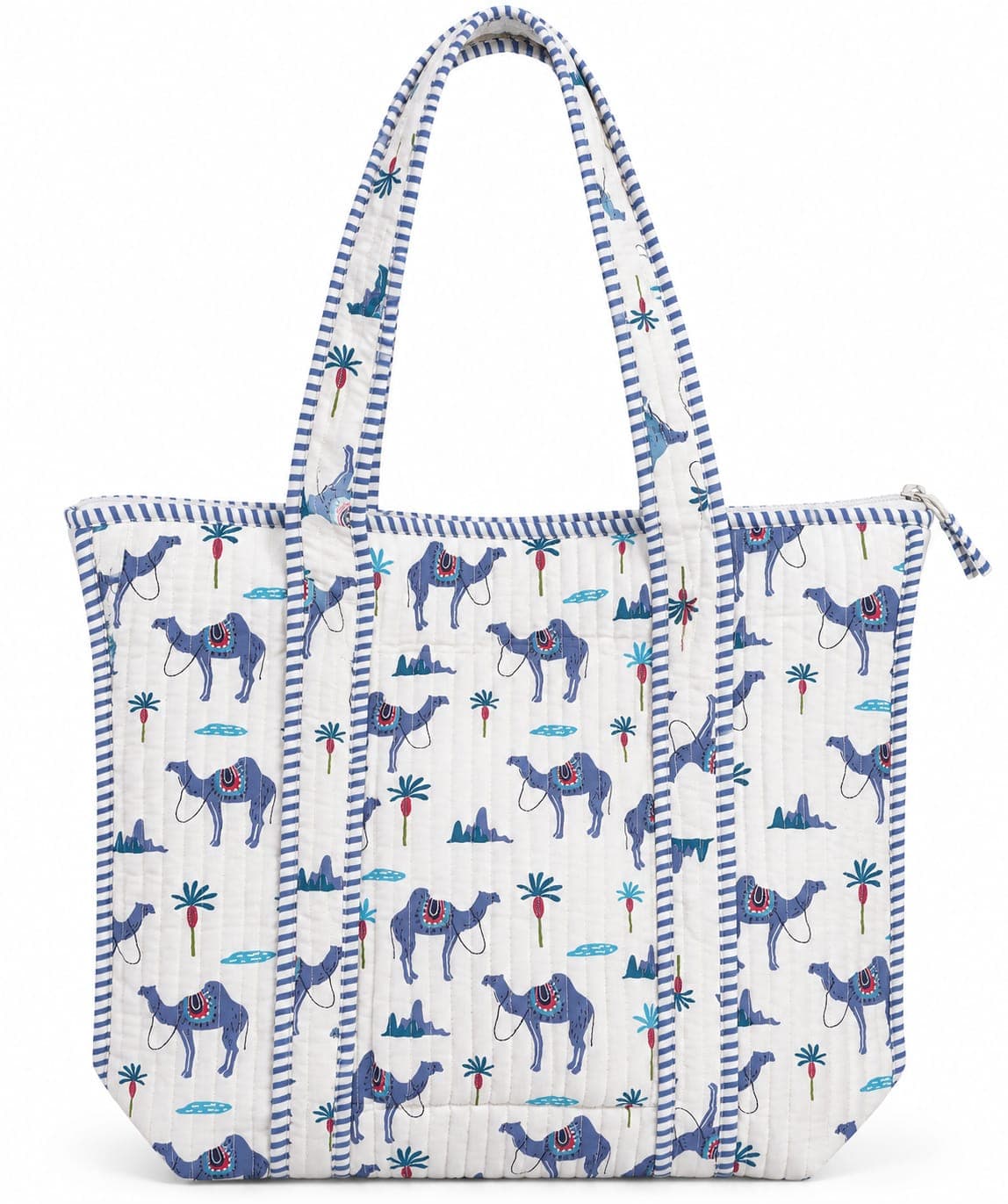 Quilted camel tote, front, on a white ground