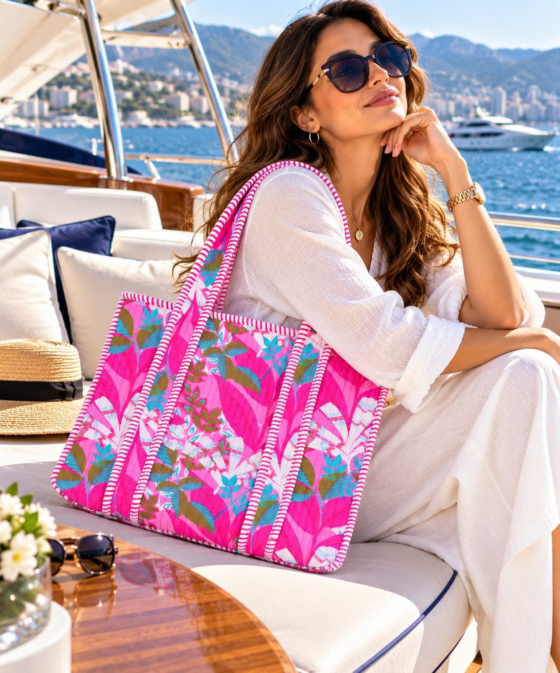 The pink tote on a lap in daylight
