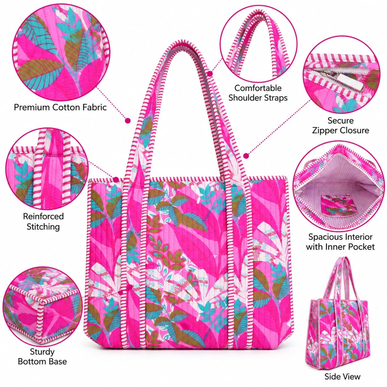 Zip, inner pocket, striped handles, and quilted cotton of the pink tote