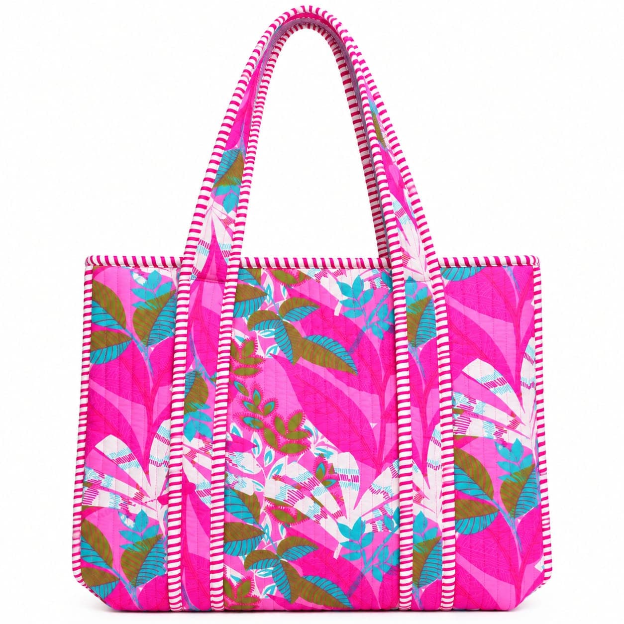 Quilted pink palm tote, front, on a white ground