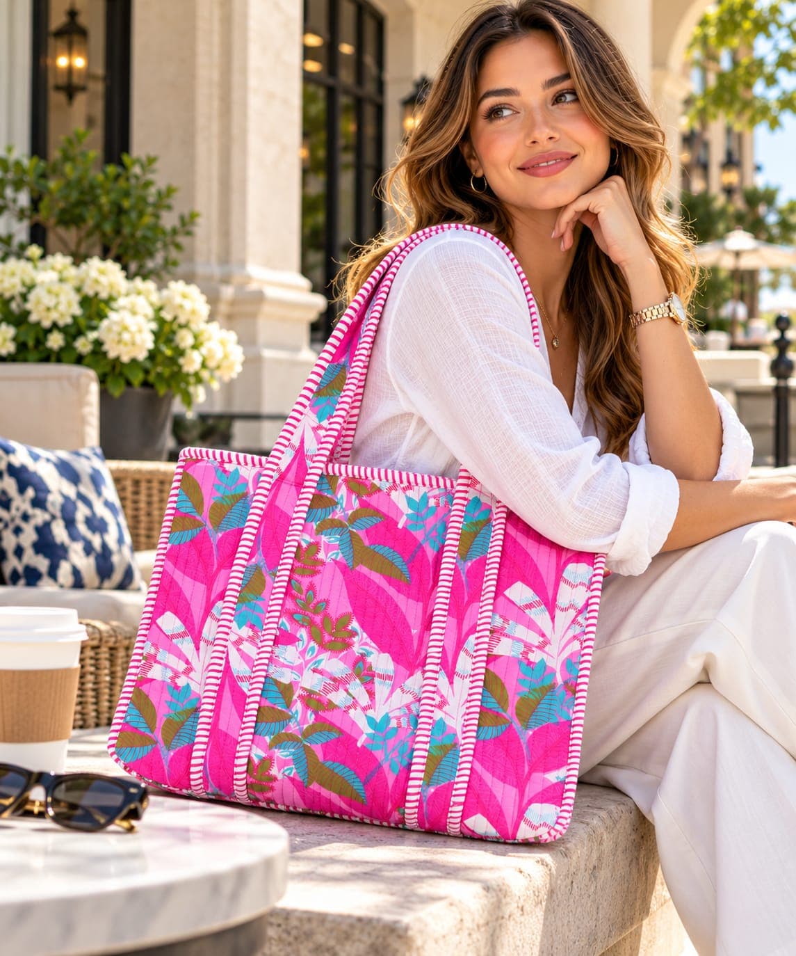 The pink tote resting beside a seated person