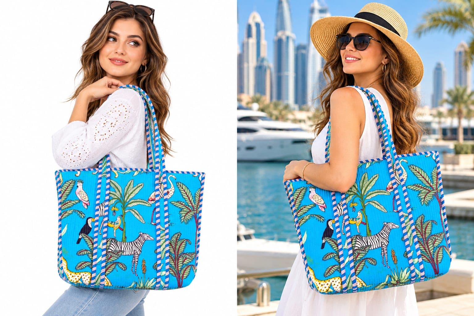 The safari tote carried on the shoulder