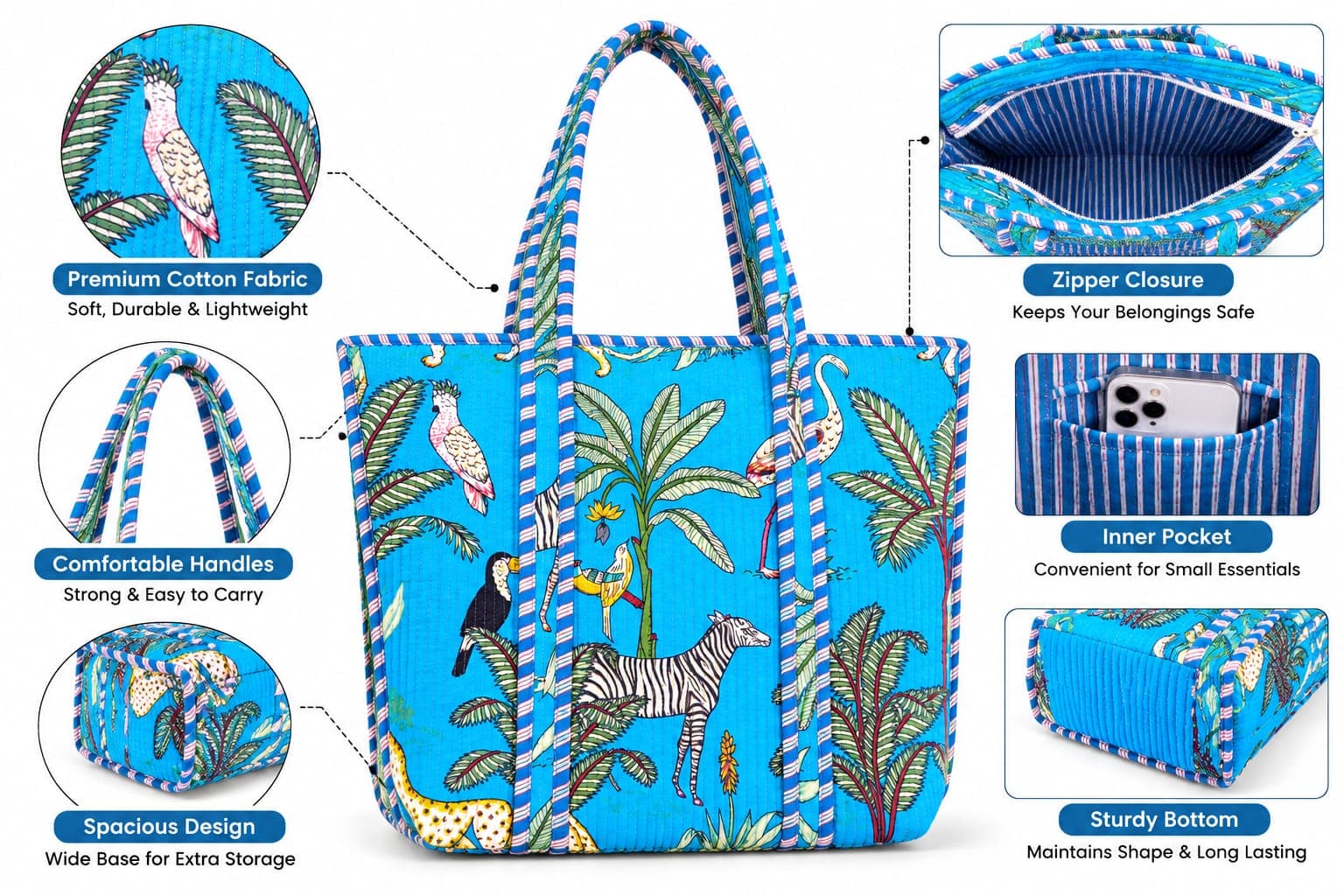 Zip, inner pocket, striped handles, and firm base of the safari tote