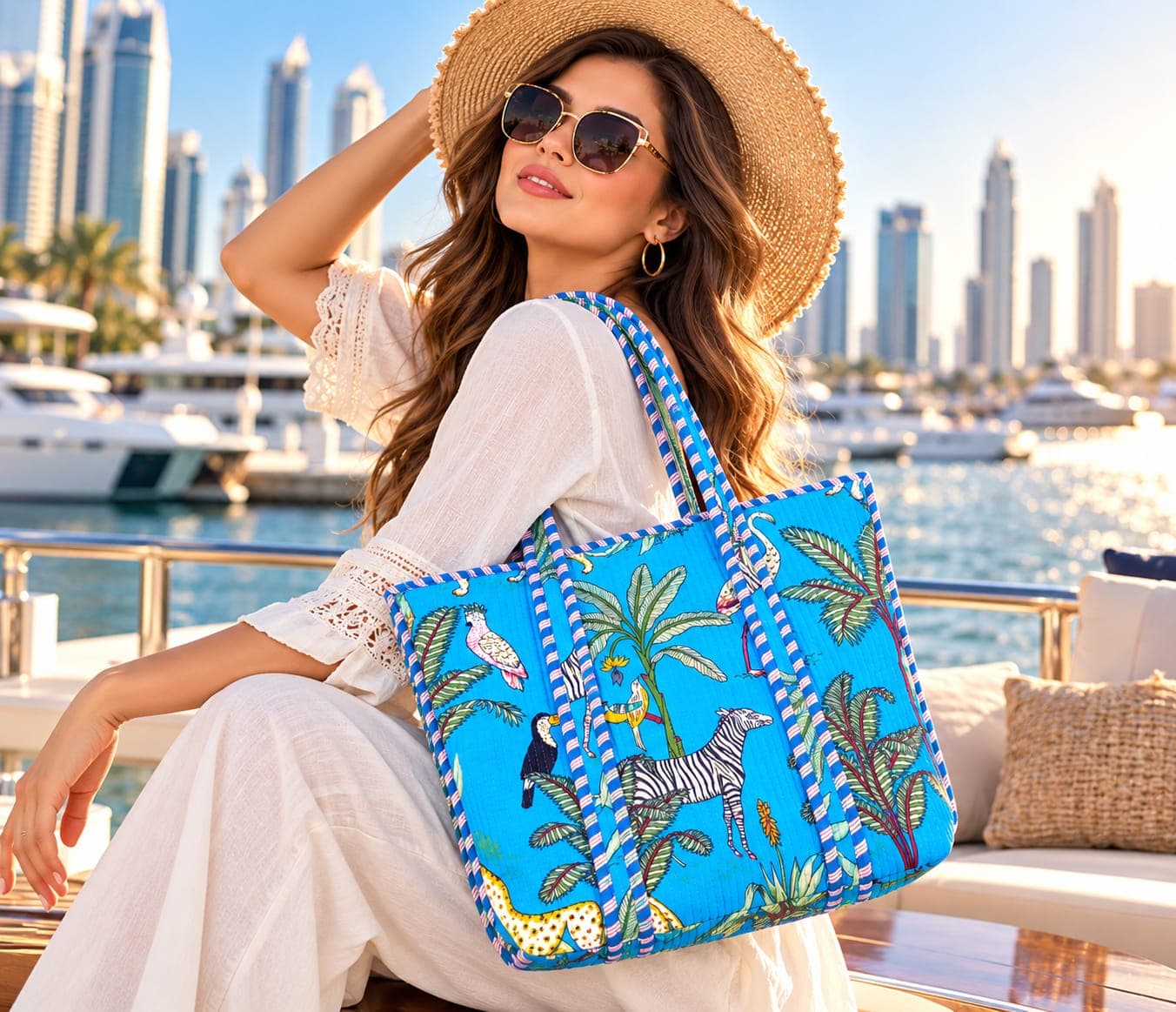 The safari tote resting on a lap by the water