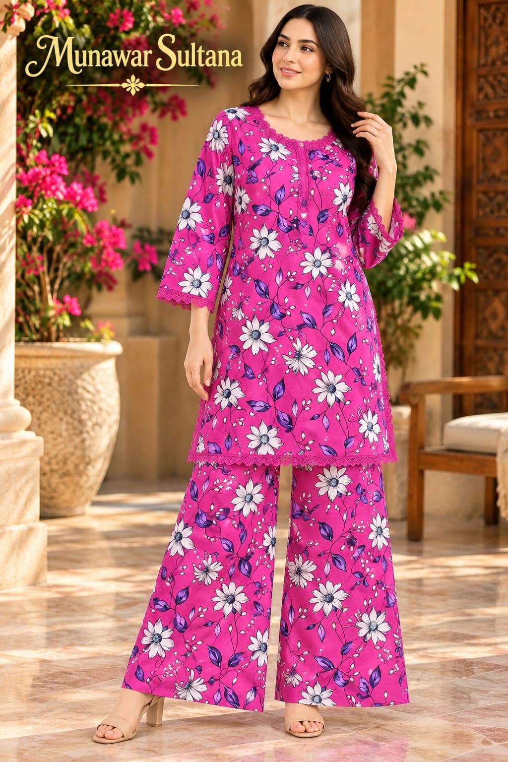 Magenta daisy Banadora lawn co-ord worn in a courtyard