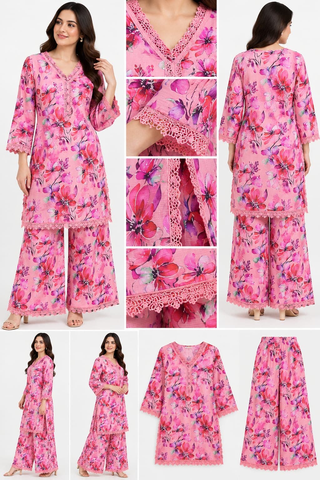 Lace at the neck, sleeves, hem, and palazzo, plus front and back views