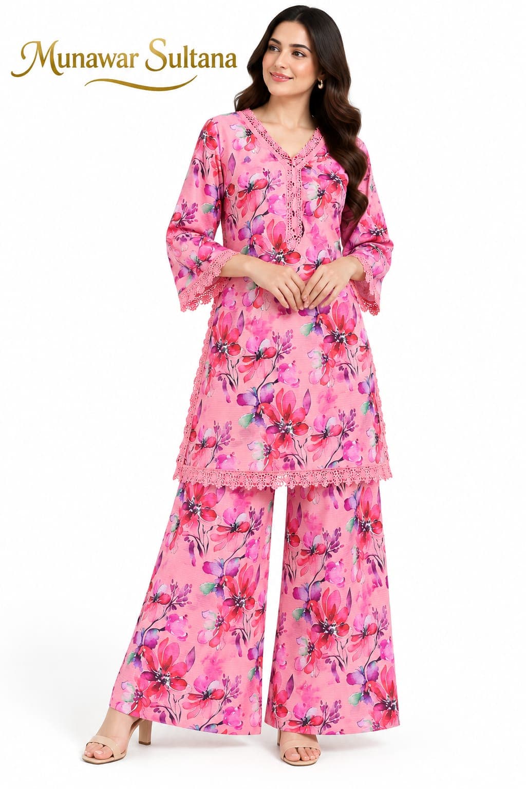 Pink floral Banadora lawn co-ord, front, on a white ground