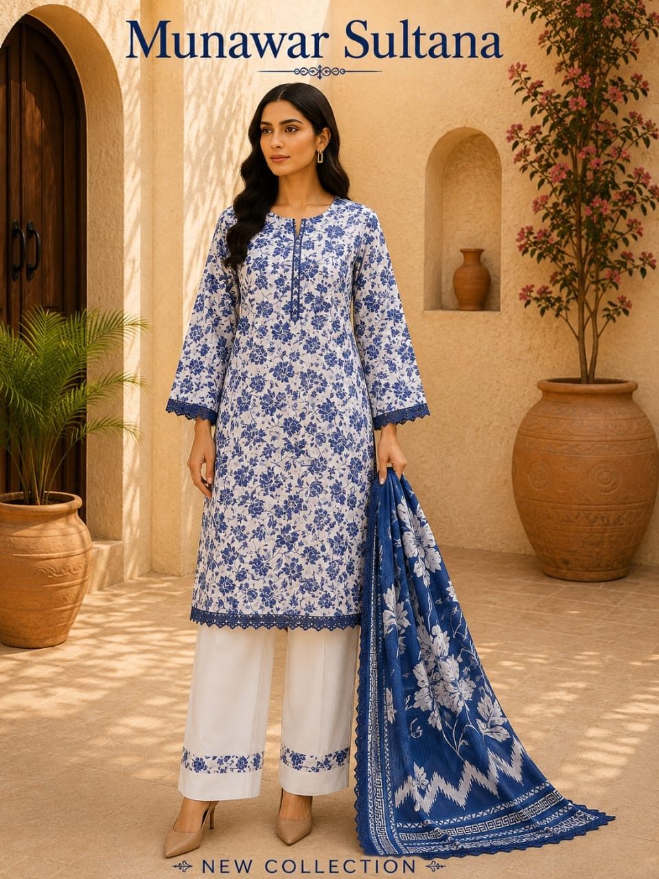 Munawar Sultana Women’s Blue & White Floral Printed 3-Piece Kurta Set with Lace Work, Dupatta & Pants – Elegant Wear