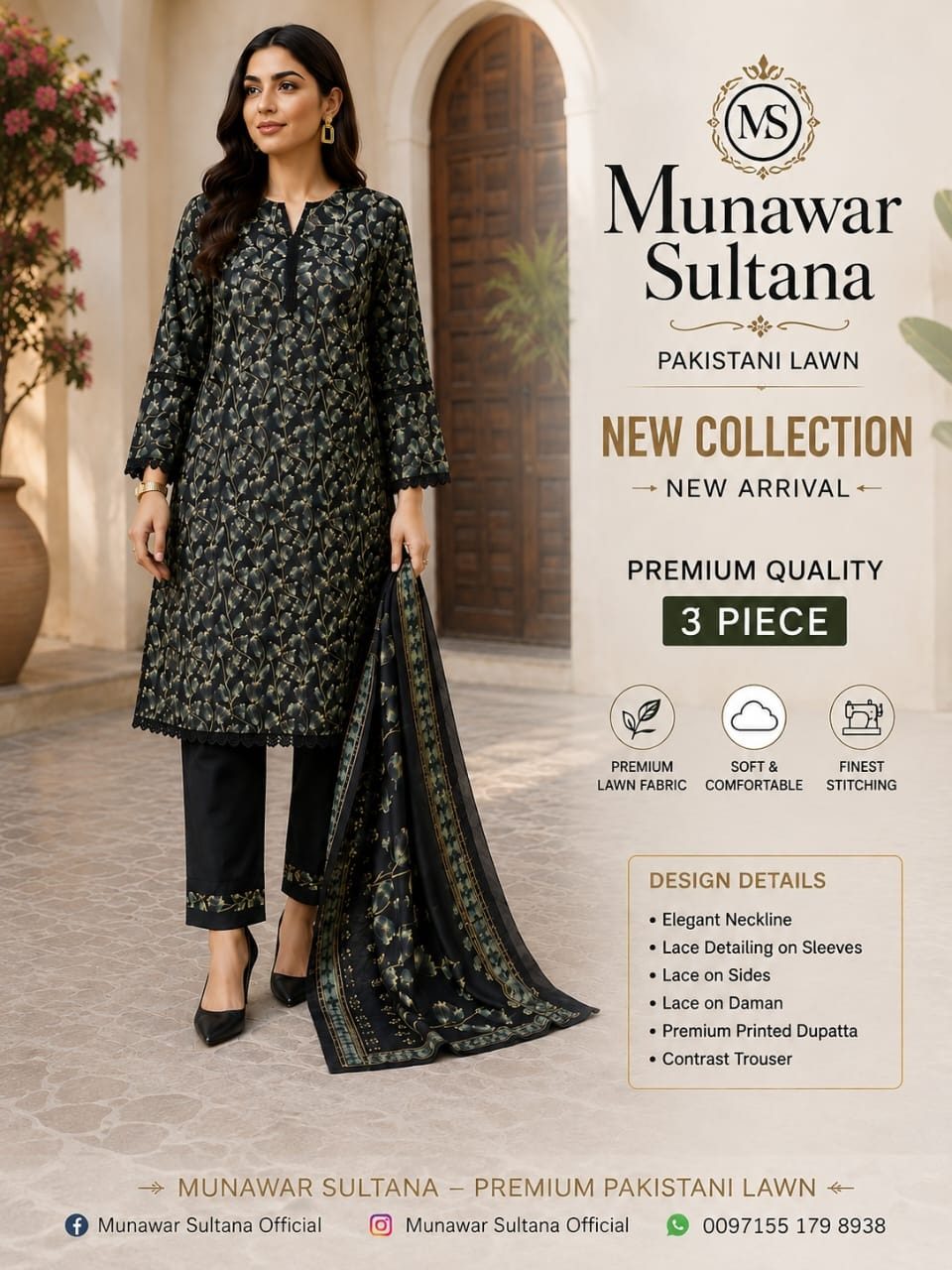 Munawar Sultana 3-Piece Lawn Ready-Made Dress with Lace Work
