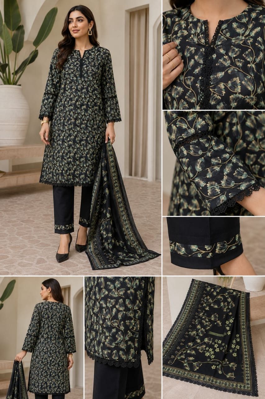 Munawar Sultana 3-Piece Lawn Ready-Made Dress with Lace Work – Black Floral