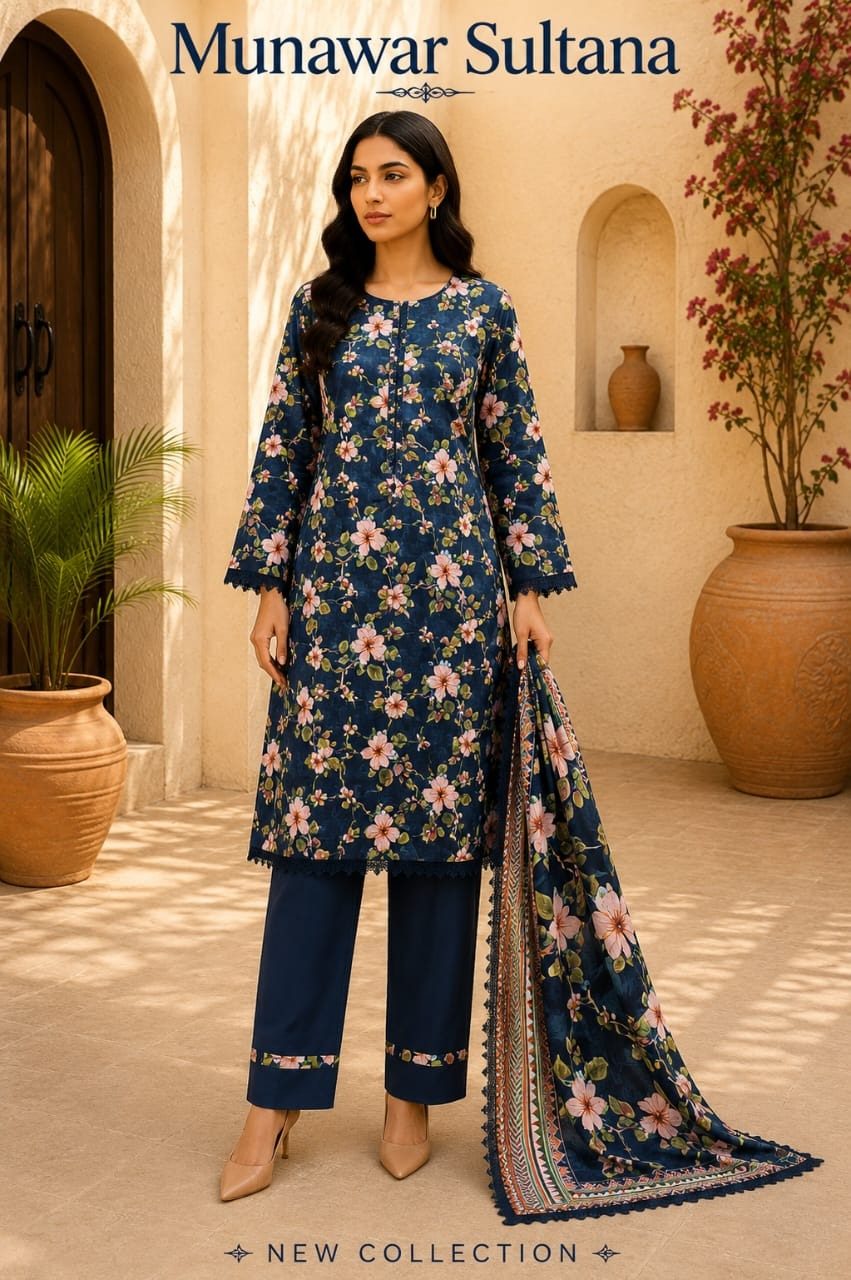 Munawar Sultana 3-Piece Lawn Ready-Made Dress with Lace Work – Blue Floral
