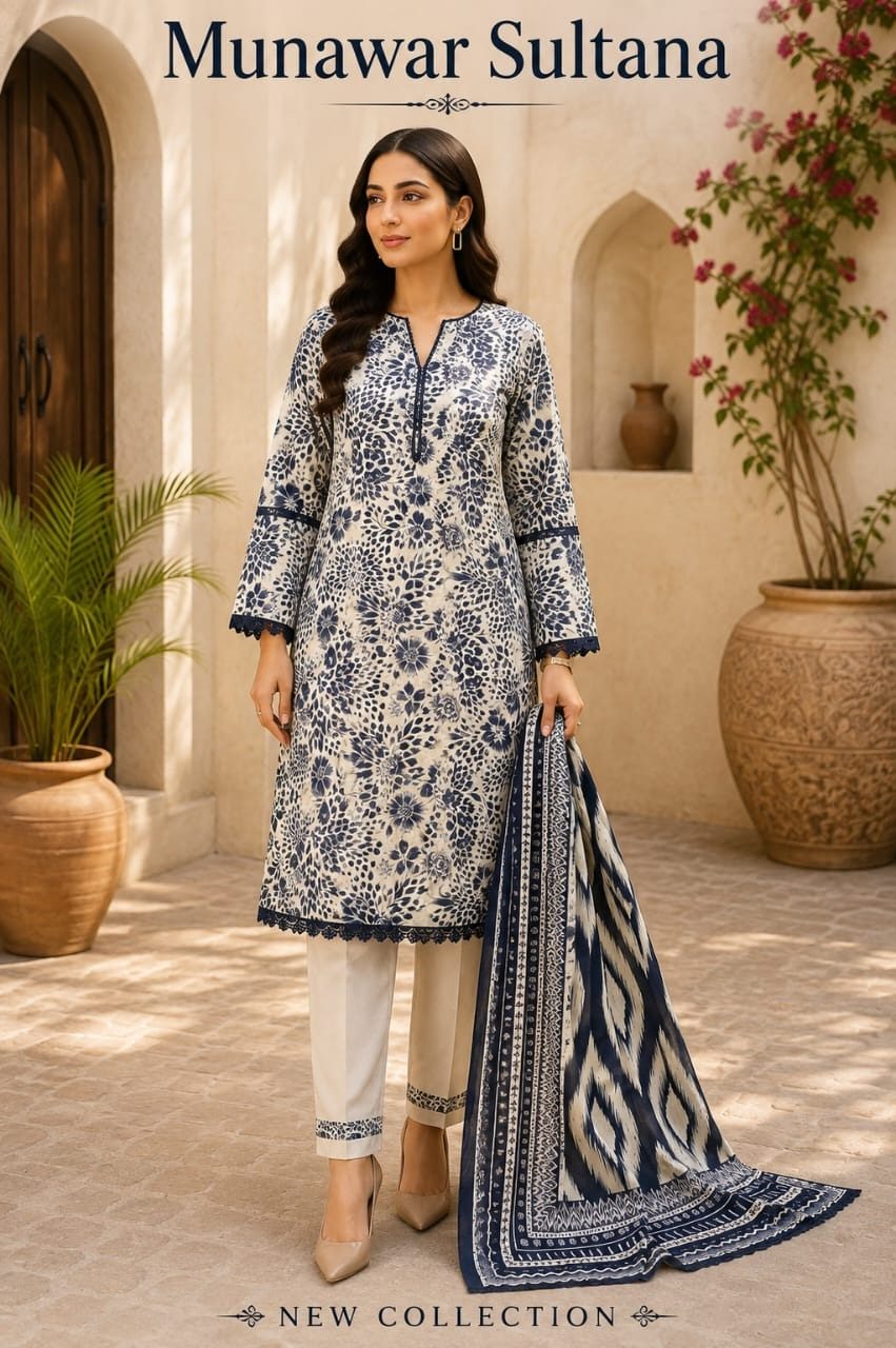 Munawar Sultana 3-Piece Black & Cream Floral Lawn Dress with Lace Work – Ready-Made