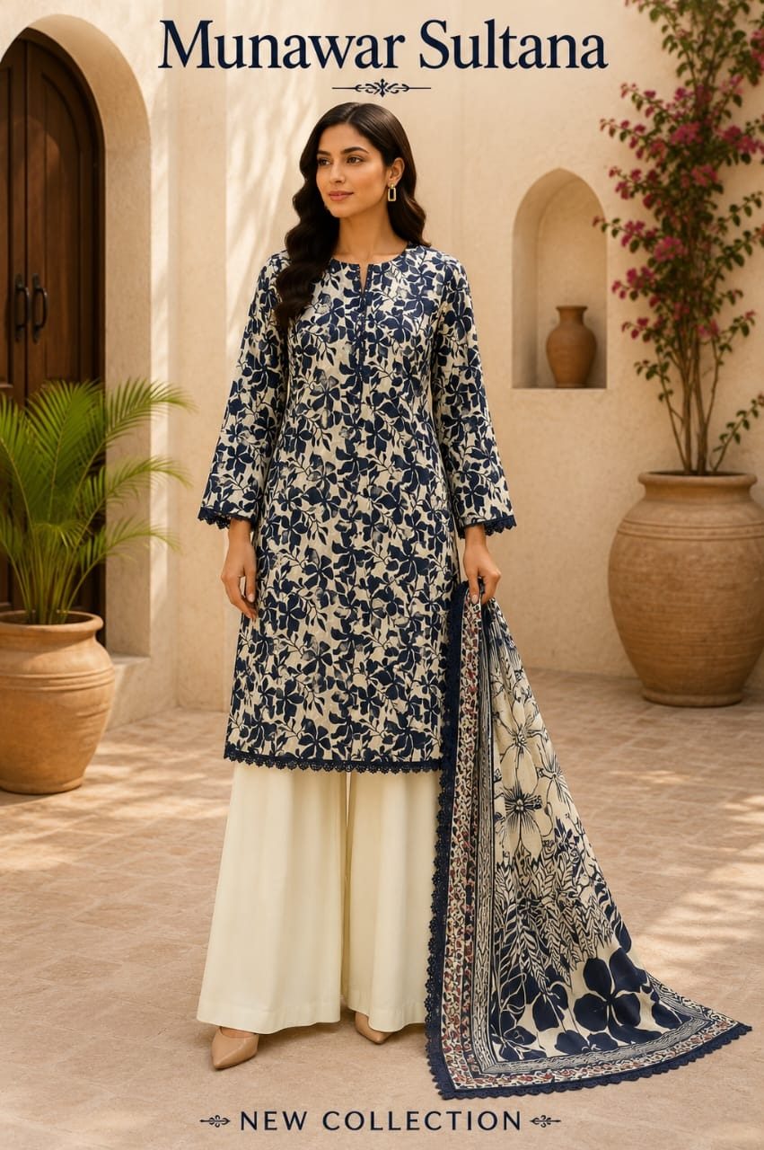 Munawar Sultana Black & Cream 3-Piece Lawn Suit with Floral Print & Lace Work – Palazzo Style