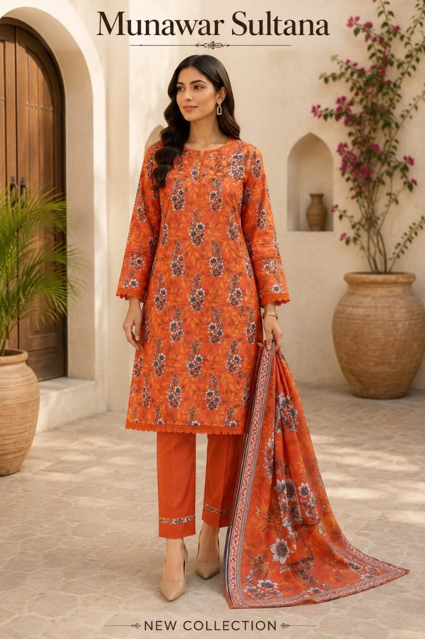 Munawar Sultana 3-Piece Orange Floral Lawn Dress with Lace Work & Dupatta – Ready-Made