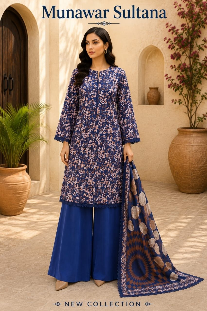 Munawar Sultana 3-Piece Royal Blue Floral Lawn Dress with Lace Work & Palazzo – Ready-Made