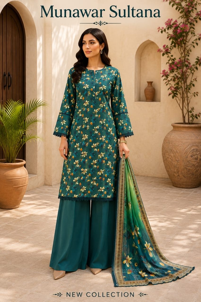 Munawar Sultana 3-Piece Teal Green Floral Lawn Dress with Lace Work & Palazzo – Ready-Made