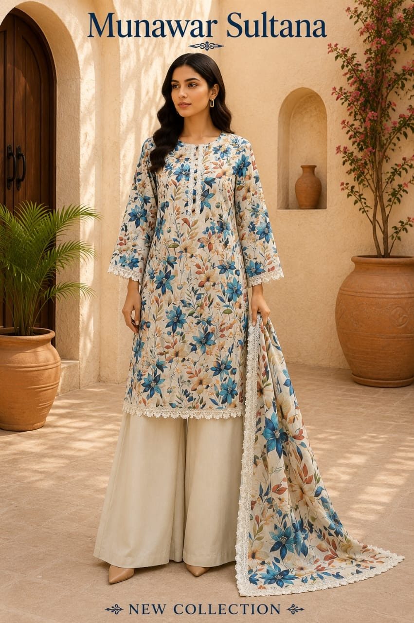 Munawar Sultana 3-Piece Cream Floral Lawn Dress with Lace Work & Palazzo – Ready-Made