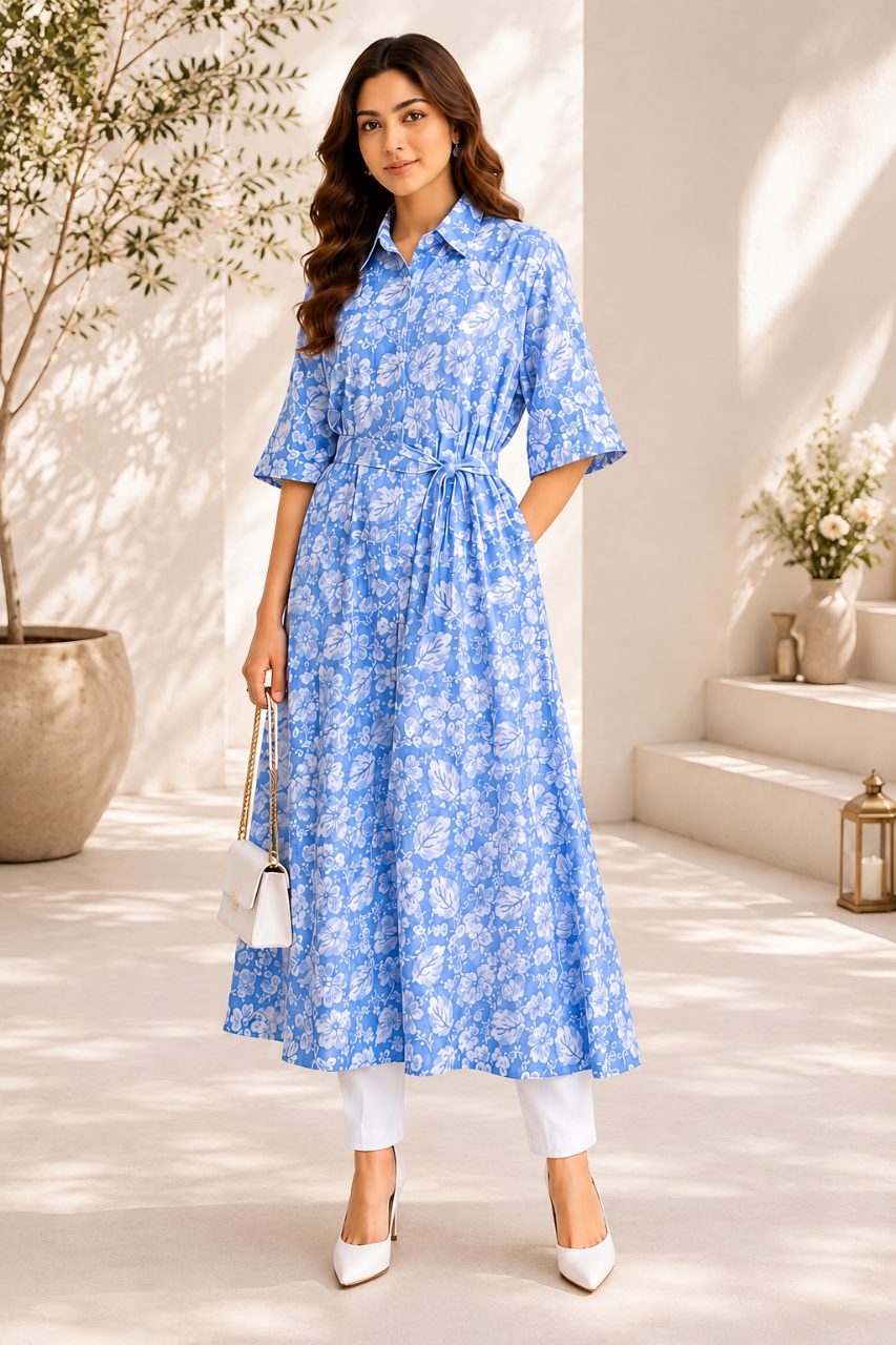 Premium Blue Floral Printed Belted Shirt Dress