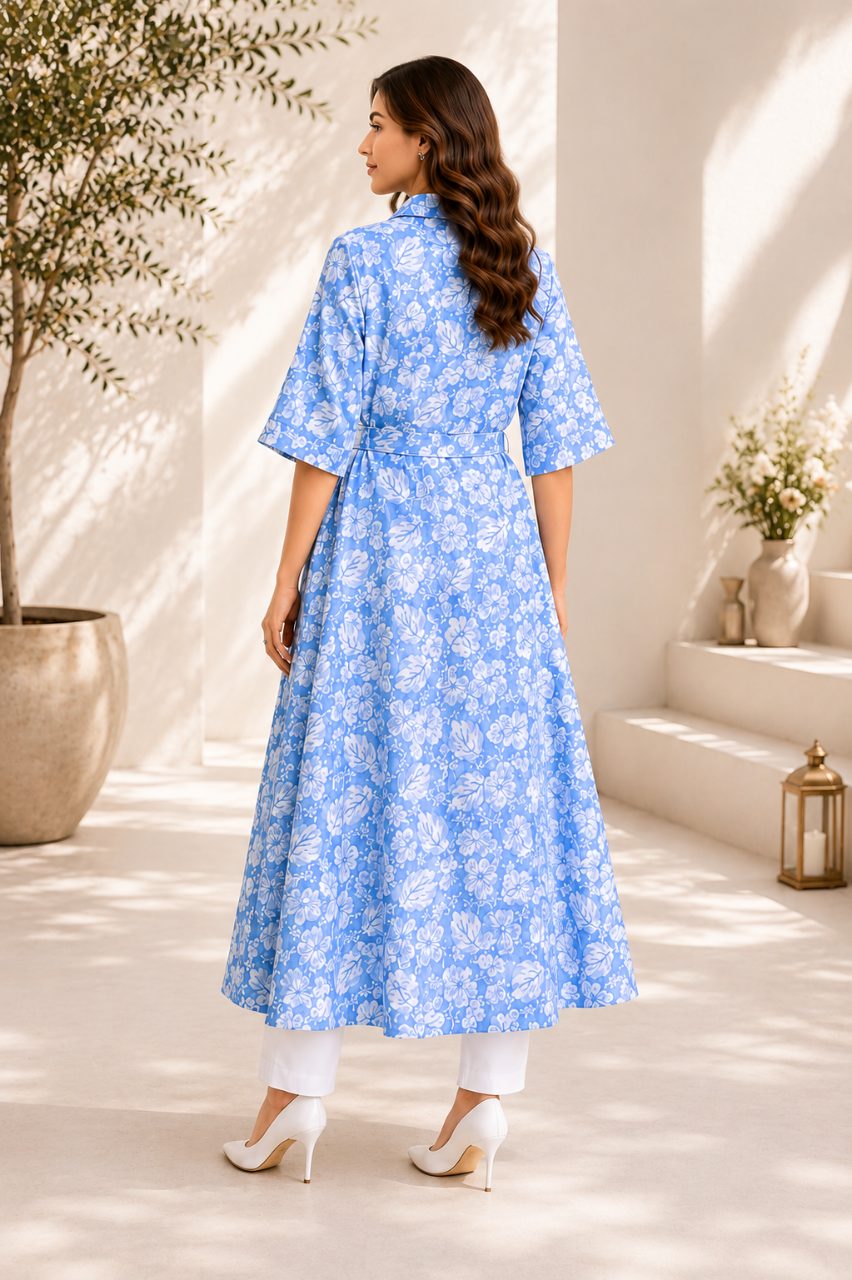 Premium Blue Floral Printed Belted Shirt Dress 2