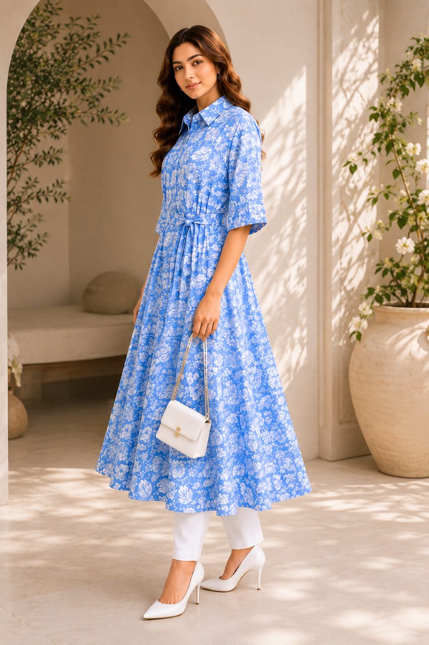 Premium Blue Floral Printed Belted Shirt Dress 3