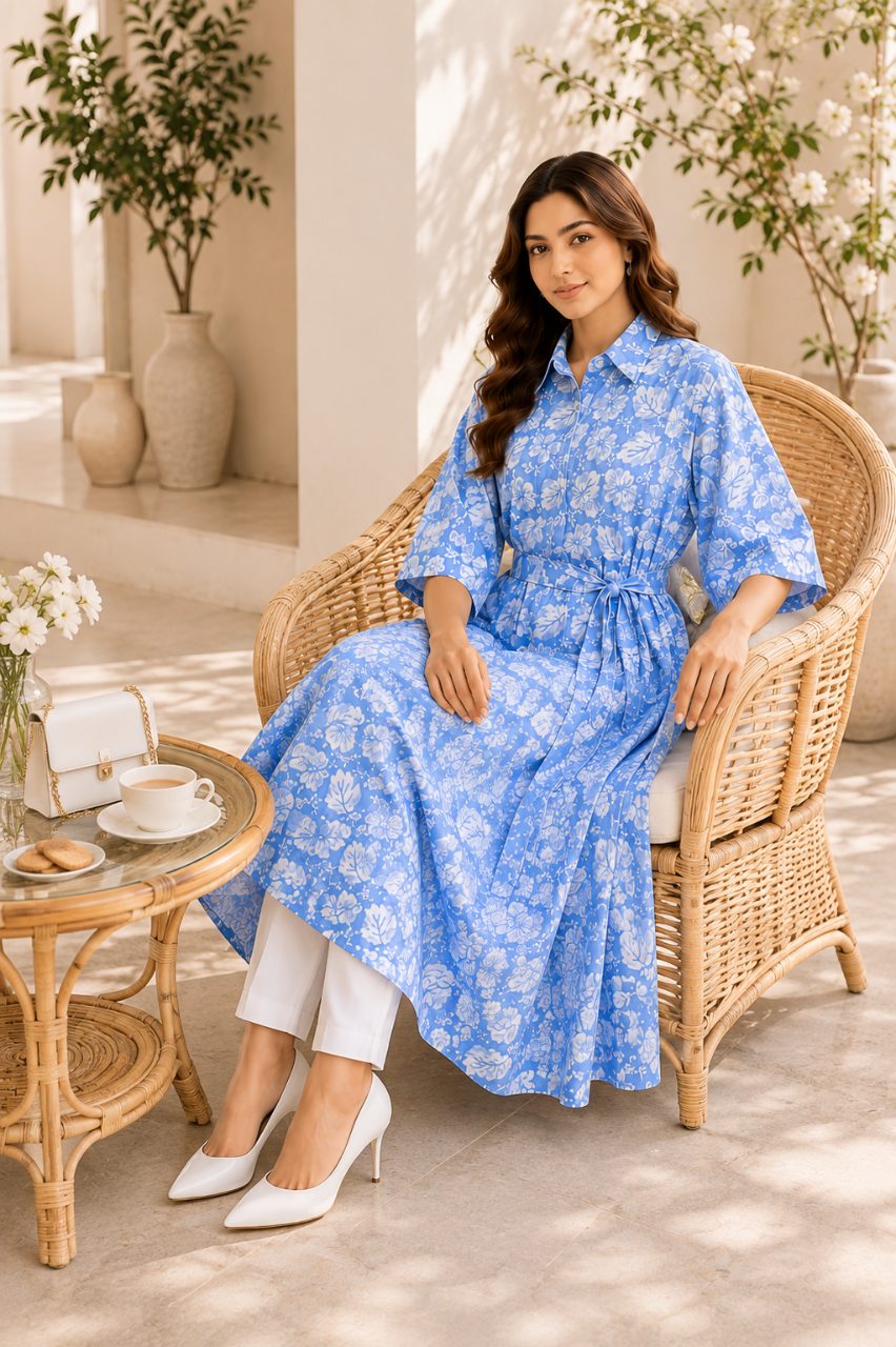 Premium Blue Floral Printed Belted Shirt Dress 4