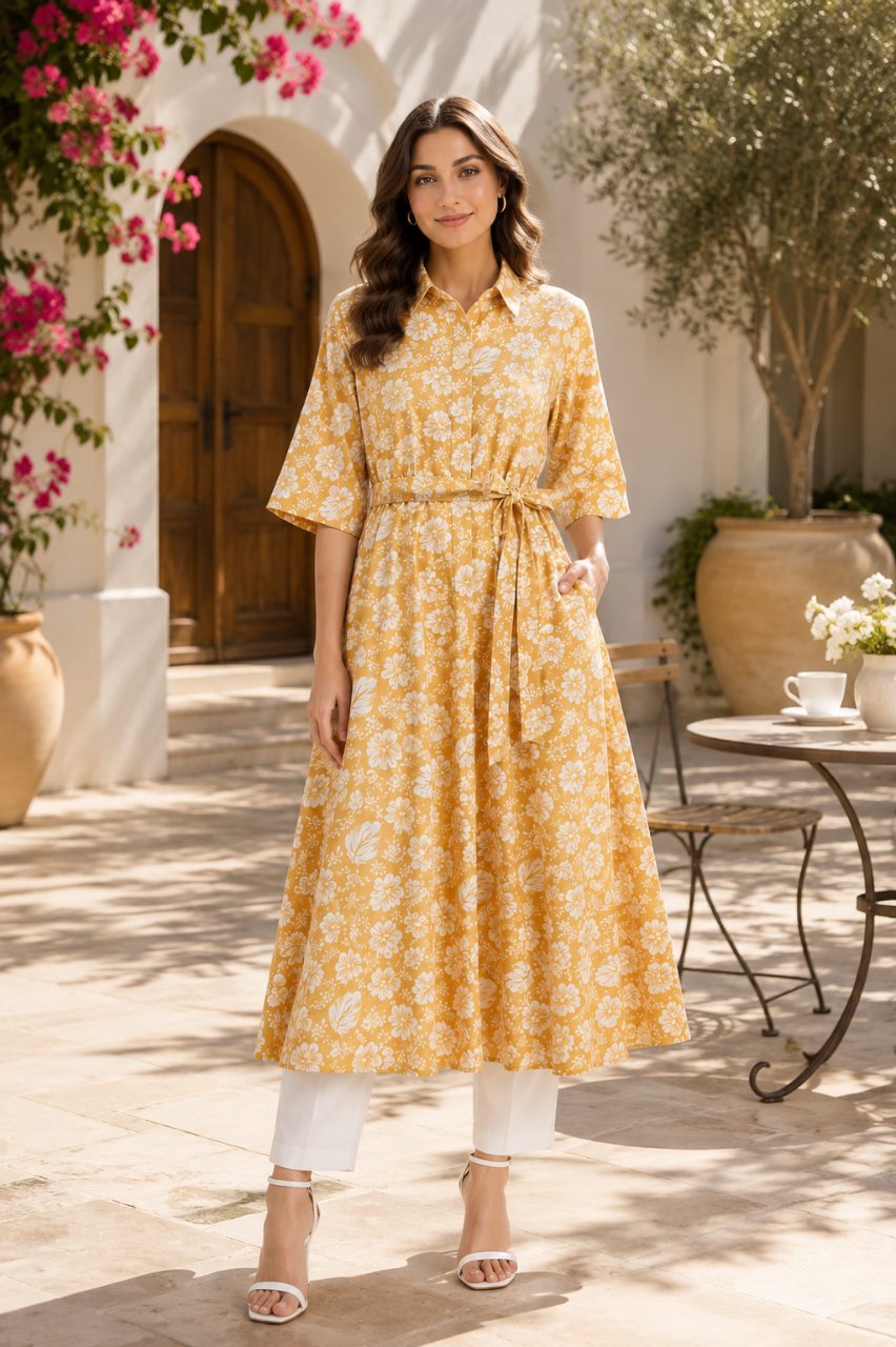 Premium Mustard Yellow Floral Printed Long Dress with Waist Belt – Elegant Women’s Summer Dress