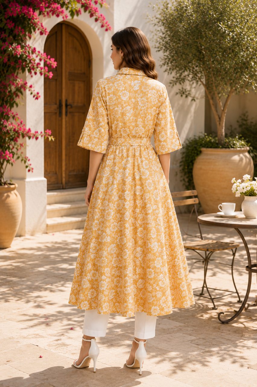 Premium Mustard Yellow Floral Printed Long Dress with Waist Belt – Elegant Women’s Summer Dress 2
