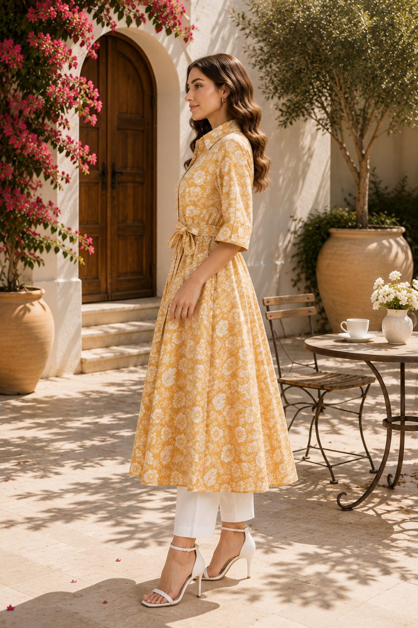 Premium Mustard Yellow Floral Printed Long Dress with Waist Belt – Elegant Women’s Summer Dress 3