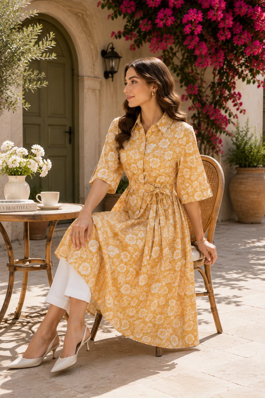 Premium Mustard Yellow Floral Printed Long Dress with Waist Belt – Elegant Women’s Summer Dress 4